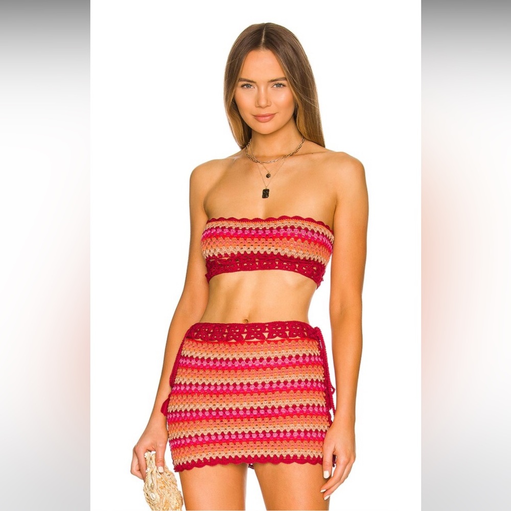 For Love & Lemons Over The Rainbow Crop and Skirt Set in Raspberry Multi